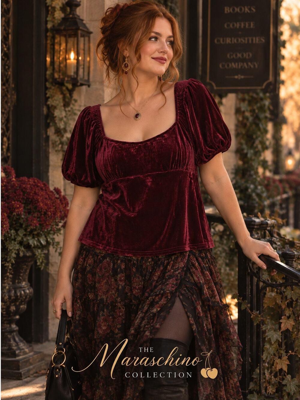 ModCloth XL Burgundy Velvet Puff Sleeve Top Square Neck Whimsigoth Dark Romantic